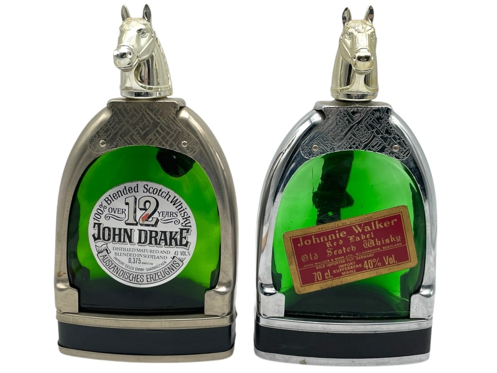 VINTAGE JOHN DRAKE AND JOHNNIE WALKER HORSE FLASKS: VINTAGE JOHN DRAKE AND JOHNNIE WALKER HORSE FLASKS 10" -GOOD PRE OWNED CONDITION, SOME WEAR (SEE PHOTOS) -APPROX 10" -JA 020425 #14 --- Please note that due to limited storage space, all items m