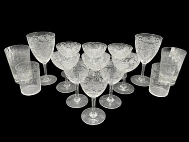 SET OF VINTAGE ETCHED CRYSTAL GLASSES 15 PIECES