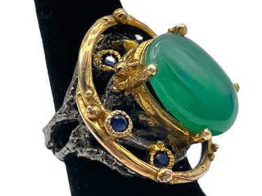 STERLING SILVER AND GREEN CHALCEDONY RING SZ 7