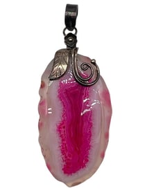 SILVER LEAF DESIGN AND PINK AGATE PENDANT 2.5"
