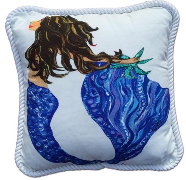 NEW BRUNETTE MERMAID COTTON COASTAL PILLOW SHAM 20X20: NEW BRUNETTE MERMAID COTTON COASTAL PILLOW SHAM 20X20 -20 X 20 -SIGNED BY ARTIST -VIBRANT COLORS, LARGE 20 X 20, WASHABLE, 100% DUCK COTTON. FABRIC COATED FOR COVERED OUTDOOR APPLICATIONS