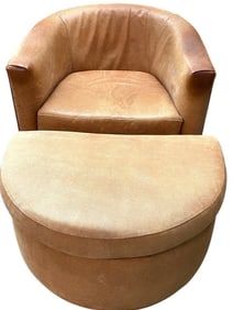 VINTAGE MODERN LEATHER CHAIR AND OTTOMAN