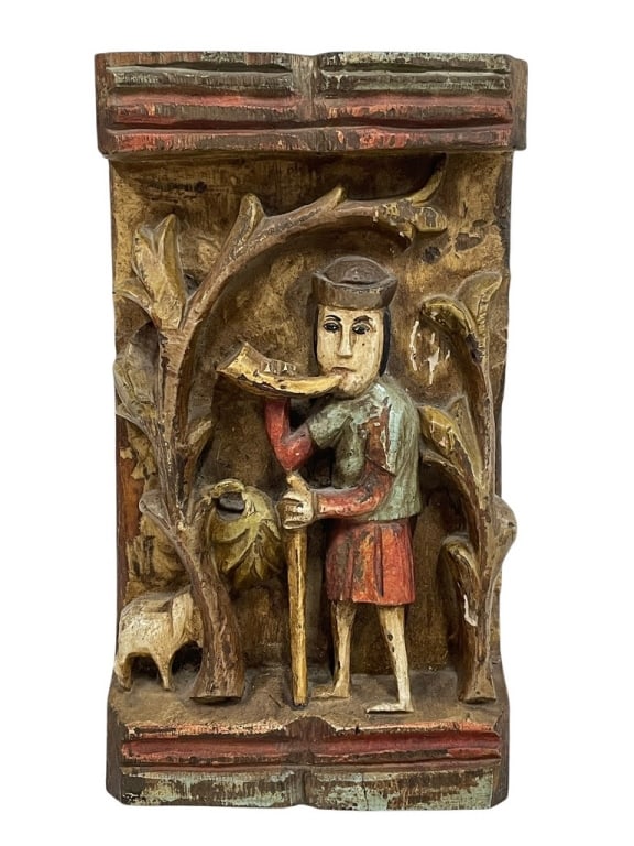 ANTIQUE CARVED & PAINTED WOODEN PLAQUE 16": ANTIQUE CARVED & PAINTED WOODEN PLAQUE – SAINT WITH HORN, FOLK ART -16" X 9" X 3" APPROX -THIS IS A HAND-CARVED AND POLYCHROME-PAINTED WOODEN RELIGIOUS PLAQUE, LIKELY SPANISH COLONIAL OR EUROPEAN FO