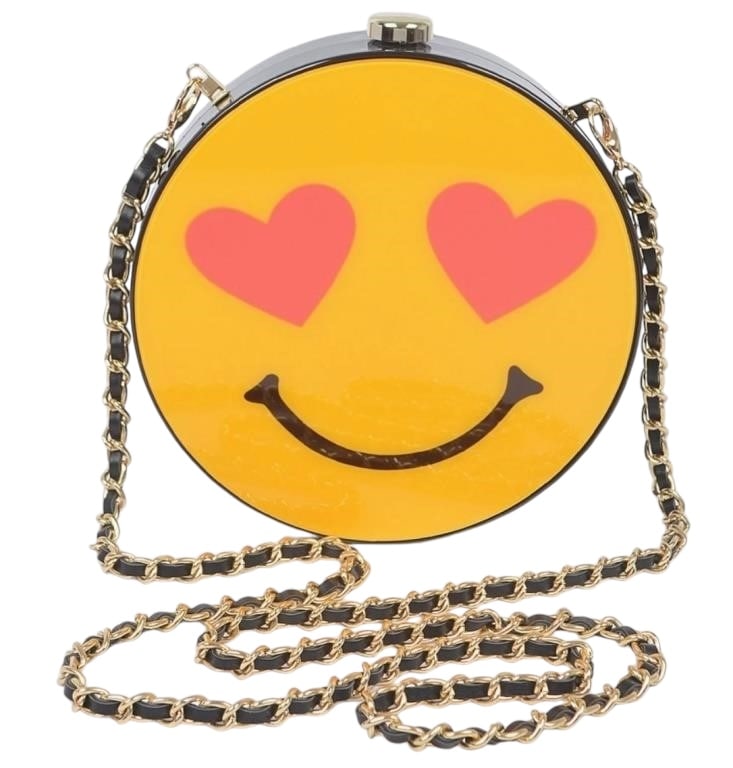 NEW! YELLOW EMOJI HEART EYES PURSE: YELLOW HAPPY FACE EMOJI HEART EYES PURSE -HAPPY FACE HARD CLUTCH -6.25W*6.25H*1.5D -ACRYLIC,MIXED METAL.