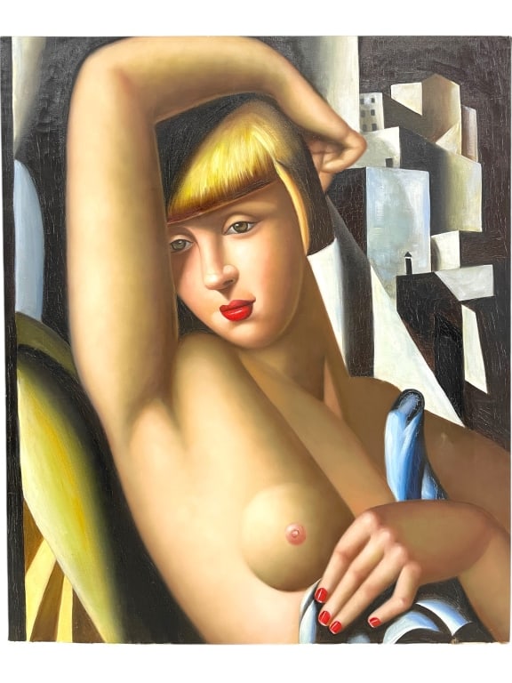 AFTER T. LEMPICKA PORTRAIT OF SUZY SOLIDOR 24": AFTER TAMARA DE LEMPICKA PORTRAIT OF SUZY SOLIDOR -24" X 20" APPROX TO CANVAS -VERY GOOD PRE OWNED CONDITION -DP12024