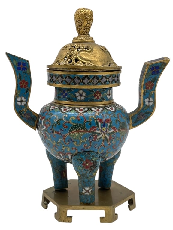 CHINESE CLOISONNE ENAMEL TRIPOD CENSER 8" (1 of 6)