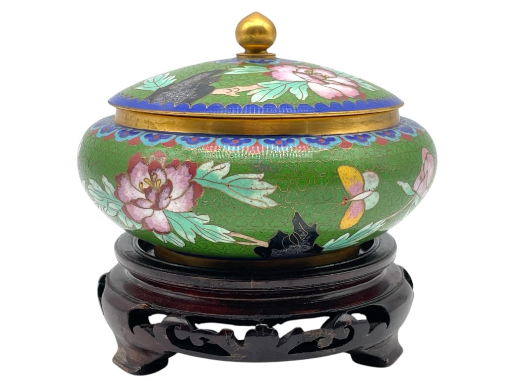 VINTAGE CHINESE CLOISONNE LIDDED GREEN BOWL 5" (1 of 6)