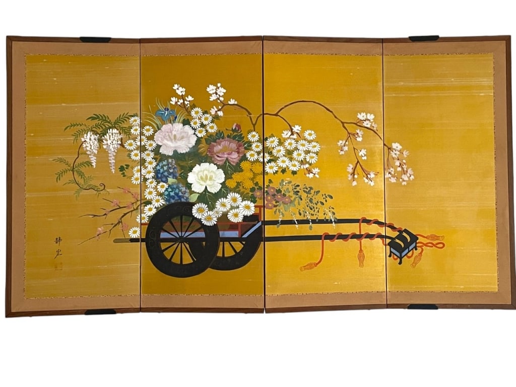 VINTAGE BYOBU JAPANESE FOLDING SCREEN 4 PANEL (1 of 3)