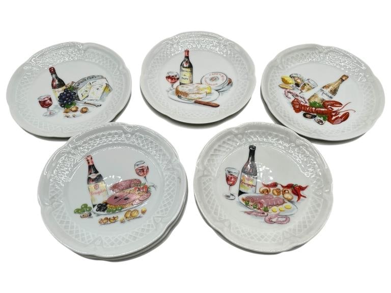 LOURIOUX PORCELAIN CHEESE PLATES SET OF 11: P. DESHOULIERES LOURIOUX PORCELAIN CHEESE PLATES SET OF 11 -VERY GOOD PRE OWNED CONDITION -SET OF 11 PLATES, TWO OF EACH DESIGN SHOWN (3 OF THE BOTTOM LEFT PLATE SHOWN IN PHOTO) -APPROX 5.5" -JA 02212