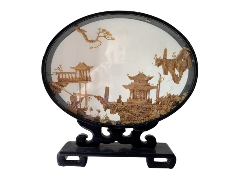 VTG CHINESE CARVED CORK DIORAMA ART IN GLASS CASE: VTG CHINESE CARVED CORK DIORAMA ART IN GLASS CASE -VERY GOODPREOWNED CONDITION 11.5"H X 13L