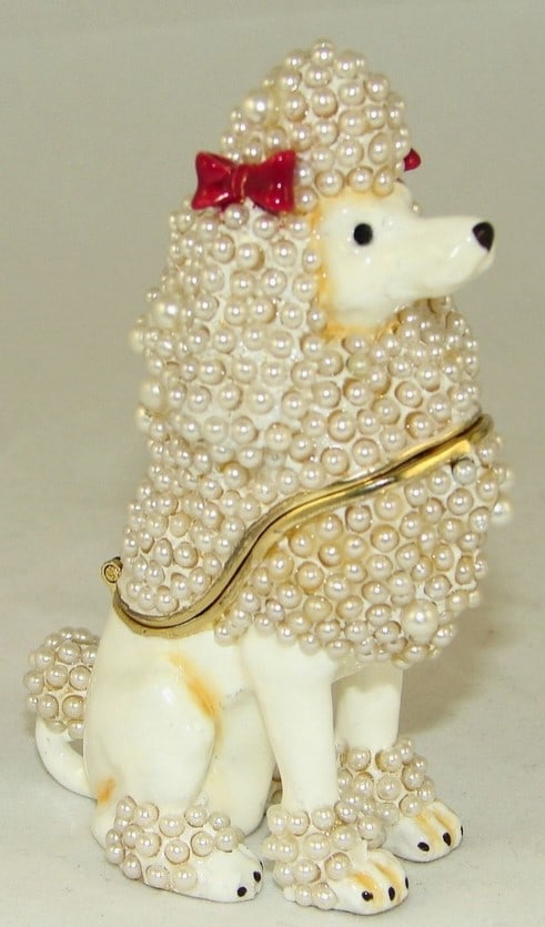 NEW! JAY STRONGWATER STYLE JEWELED "POODLE" BOX: NEW! JAY STRONGWATER STYLE JEWELED "POODLE" BOX 3 1/4" -ENAMEL PAINTED, IN-LAID WITH CZECH CRYSTALS -JA 022625 ***Please note that due to limited storage space, all items must be picked up within 14 d
