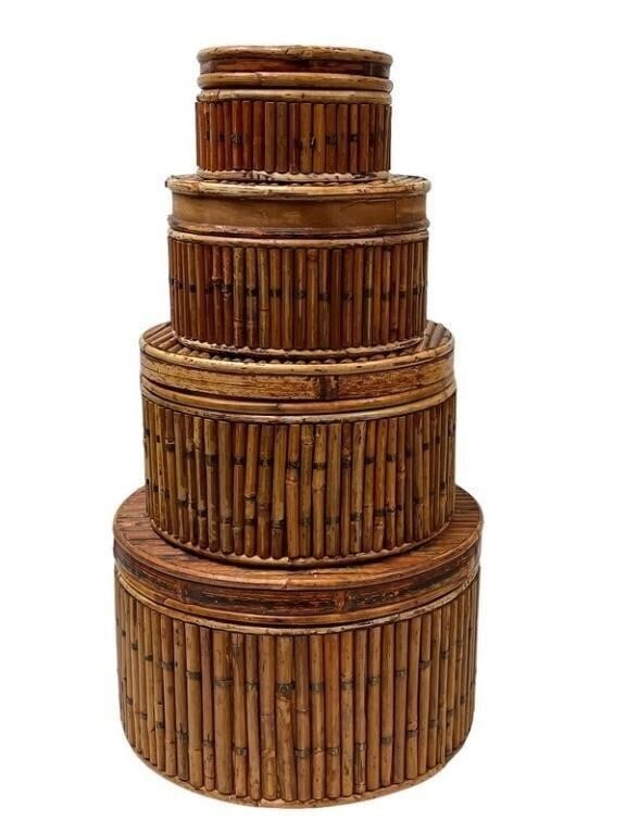 SET OF 4 BAMBOO RATTAN ROUND NESTING STORAGE BOXES (1 of 6)