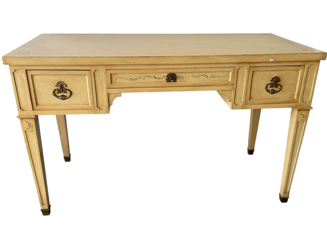 VINTAGE FRENCH STYLE LADIES WRITING DESK 52": VINTAGE HAND PAINTED WRITING DESK -31" X 52" X 24" APPROX -GOOD PRE OWNED CONDITION, MINOR WEAR CHIPPING WITH AGE -DP2325