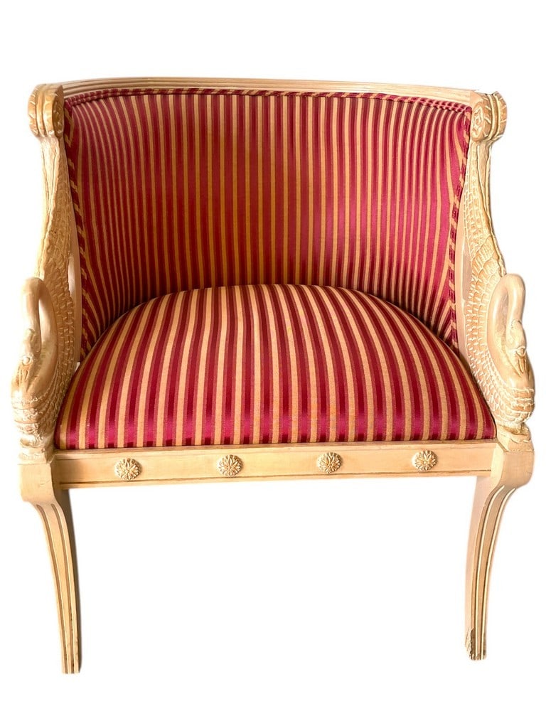 VINTAGE FRENCH EMPIRE STYLE SWAN TUB CHAIR 32": VINTAGE FRENCH EMPIRE STYLE SWAN TUB CHAIR -32"X 22" X 25" APPROX -VERY GOOD PRE OWNED CONDITION, LIGHT WEAR -DP11725 -***Please note that due to limited storage space, all items must be picked up wit