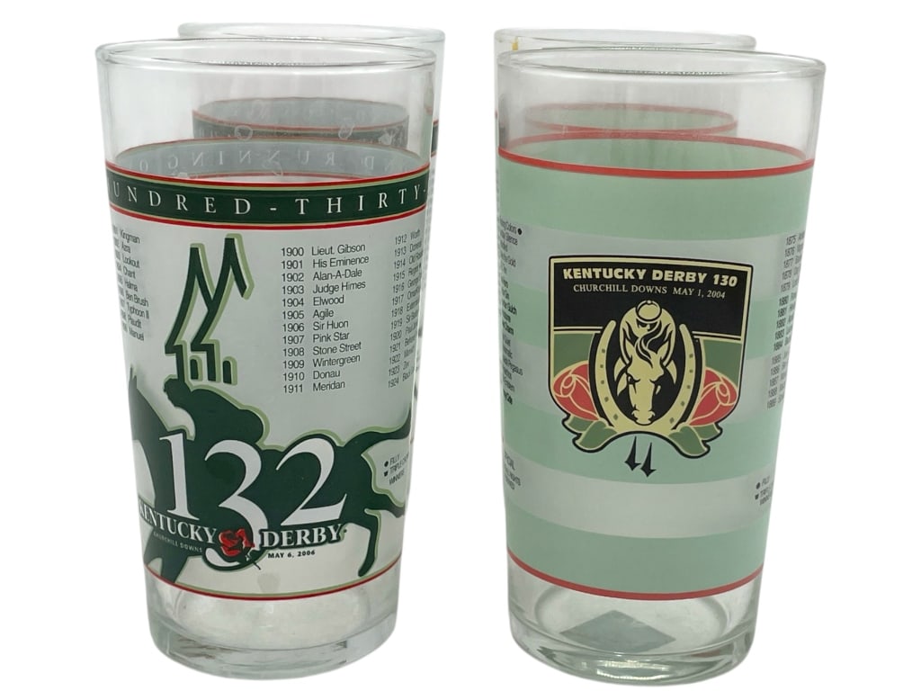 KENTUCKY DERBY 130 AND 132 SET OF 4 GLASSES 5": KENTUCKY DERBY 130 AND 132 SET OF 4 GLASSES 5" -VERY GOOD PRE OWNED CONDITION -SET OF FOUR GLASSES (2 FROM 130 AND 2 FROM 132) -APPROX 5" TALL -JA 012225 #10