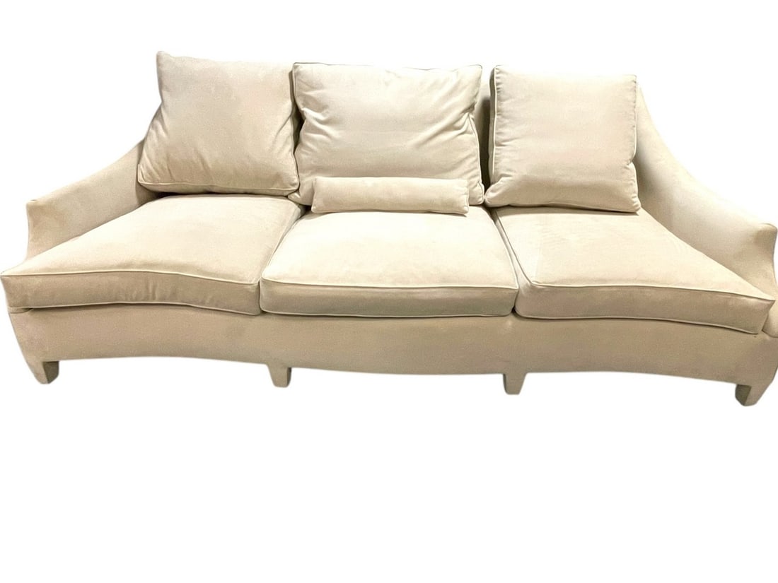 DONGHIA JOHN HUTTON CUSTOM SOFA 93": DONGHIA JOHN HUTTON CUSTOM SOFA -NATURAL NEUTRAL EARTHTONE NUSUEDE MATERIAL--35" X 93" X 48" APPROX -VERY GOOD PRE OWNED CONDITION Local pickup appointments can be made online: https://calendly