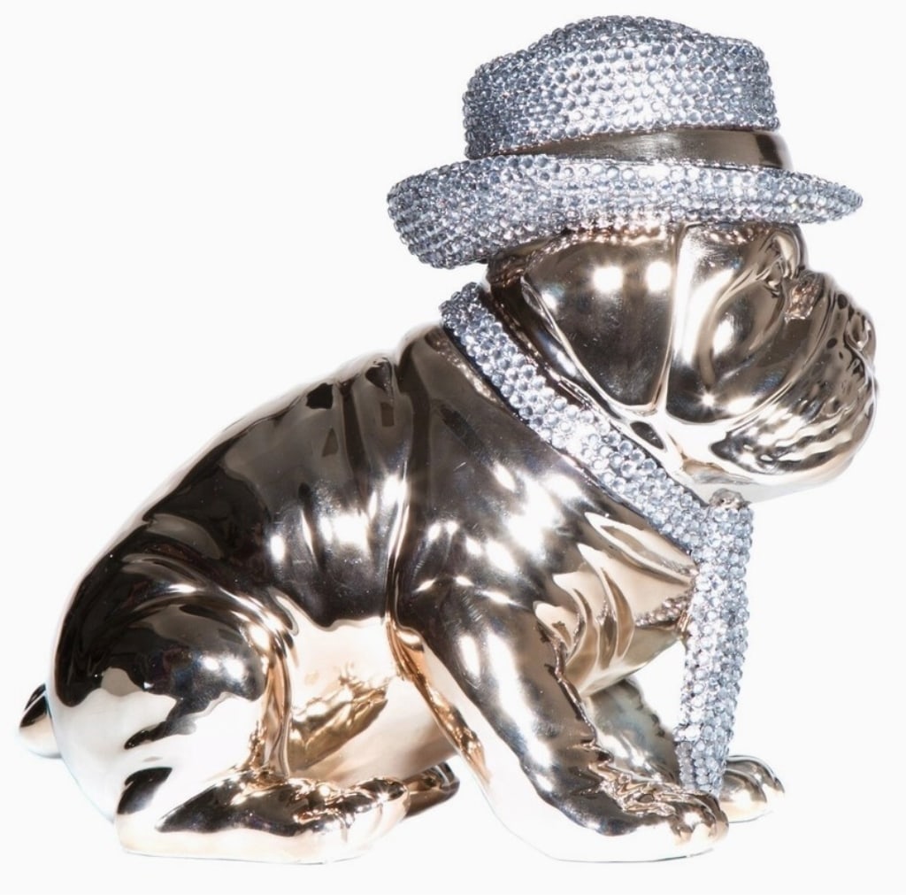 Bronze Bulldog Piggy Bank with Rhinestone Hat & Tl: Bronze Bulldog Piggy Bank with Rhinestone Hat & Tie-10" Tall -All the love, fattie rolls and all with this irresistible design. The only thing cuter than a chubby bulldog is a chubby bulldog with a ti