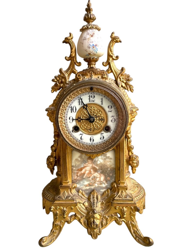 WATERBURY CLOCK SARTORIS MANTEL CLOCK 15": WATERBURY CLOCK SARTORIS MANTEL CLOCK WITH OPAL GLASS -15" X 6" X 6" APPROX -VERY GOOD PRE OWNED CONDITION WITH KEY -DP3425 Appointments are required for local pickups.Same-day appointments are