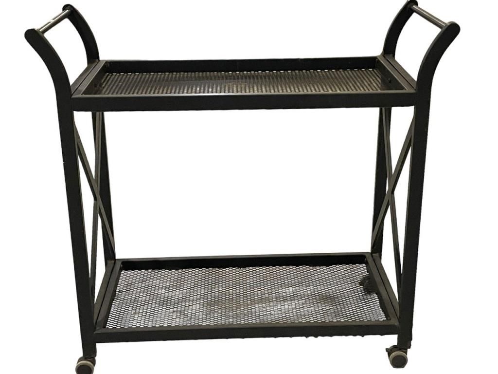 EBONIZED STEEL SLAT ROLLING BAR CART 40": EBONIZED STEEL SLAT ROLLING BAR CART -37" X 40" X 17" APPROX -VERY GOOD PRE OWNED CONDITION -DP8224