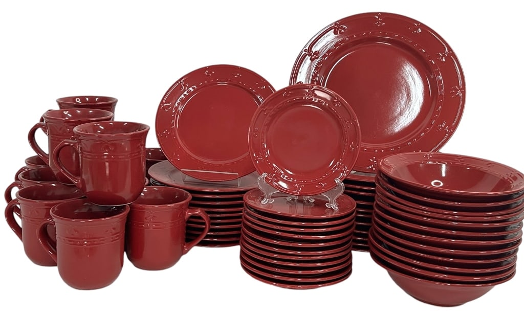 FIRENZA CINNAMON STONEWARE PLATES BY KENNEX (48): FIRENZA CINNAMON STONEWARE PLATE SET (48 pieces) EMBOSSED WITH FLEUR DE LIS 12 DINNER PLATES, 12 SALAD PLATES, 12 BREAD PLATES, 12 MUGS DESIGNED BY KENNEX LARGE PLATE 11.5" APPROX MUG 4" H APPROX VERY