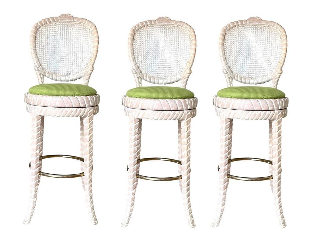 SET OF 3 WHITEWASHED TROPICAL BAR STOOLS 45.5" (1 of 11)