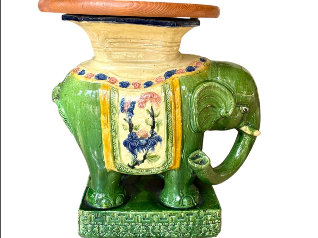 VINTAGE ELEPHANT GARDEN STOOL WITH WOOD TOP (1 of 8)