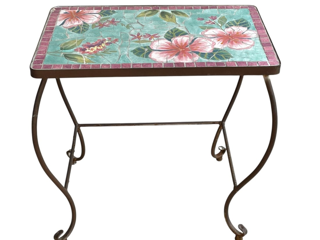 MOSAIC TILE TABLE W WROUGHT IRON LEGS 22" (1 of 5)