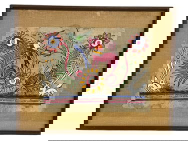 PINK HORSE & BIRD AMATE BARK PAINTING