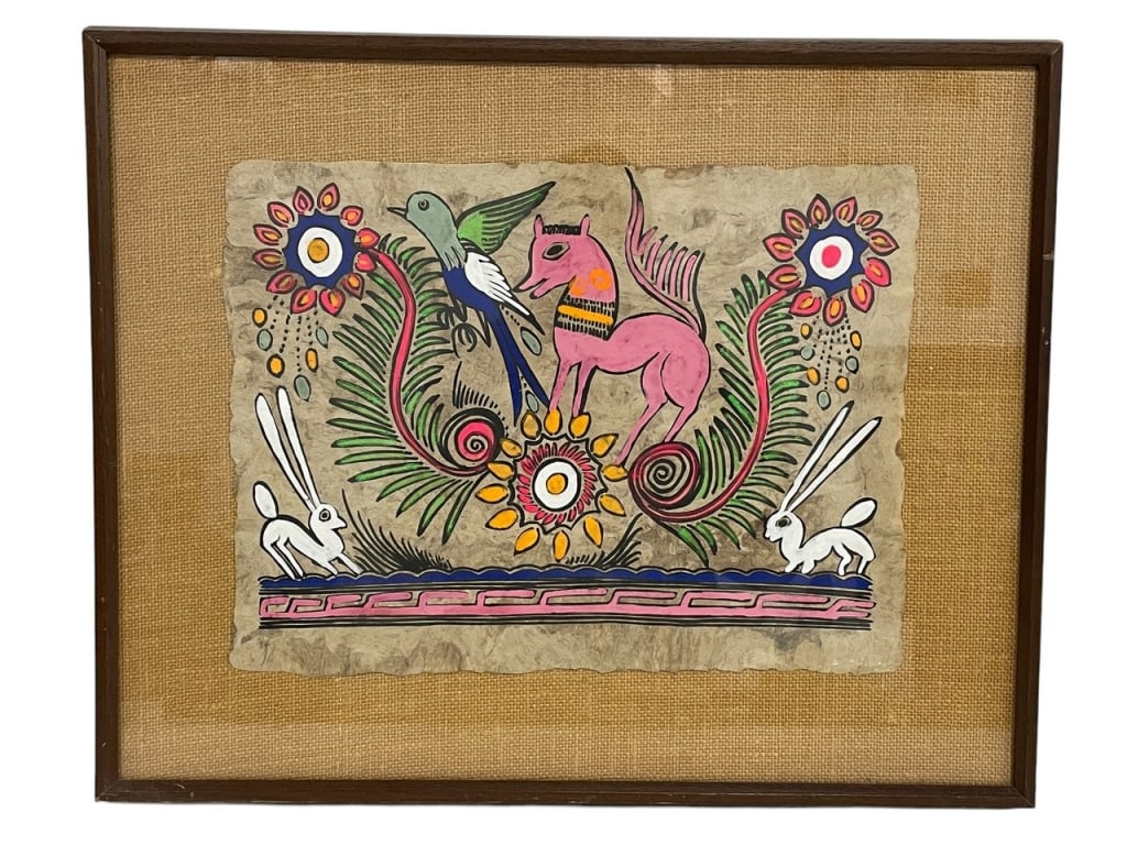 PINK HORSE & BIRD AMATE BARK PAINTING (1 of 2)
