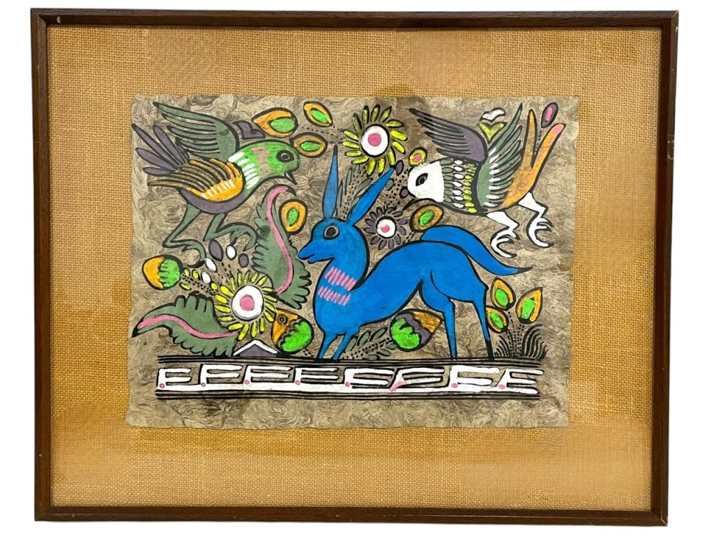 BLUE DOG & BIRDS AMATE BARK PAINTING: FRAMED MID CENTURY MEXICAN FOLK ART AMATE BARK PAINTING – BLUE DOG & BIRDSSTRIKING HAND-PAINTED SCENE ON TRADITIONAL AMATE BARK PAPER, FEATURING A BOLD BLUE DOG SURROUNDED BY COLORFUL BIRDS AND LUSH