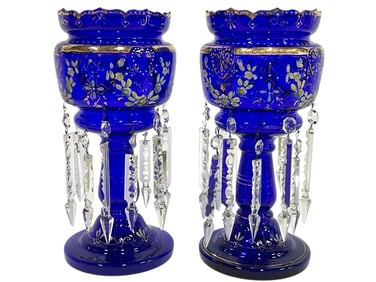 PAIR OF VINTAGE COBALT BLUE GLASS LUSTRES 12"