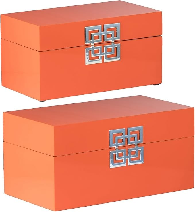 PAIR OF ORANGE DECORATIVE BOXES 11.4": ORANGE DECORATIVE BOX WITH SILVER ACCENTS, SET OF 2 -DIMENSIONS: L:11.4 X 6.3 X 5.9, S:13.6 X 7.5 X 6.7 INCHES -NEW UNUSED CONDITION -DP13125 --- Please note that due to limited storage space, all ite