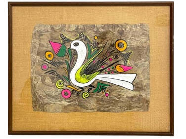 WHITE DOVE & FLOWER AMATE BARK PAINTING