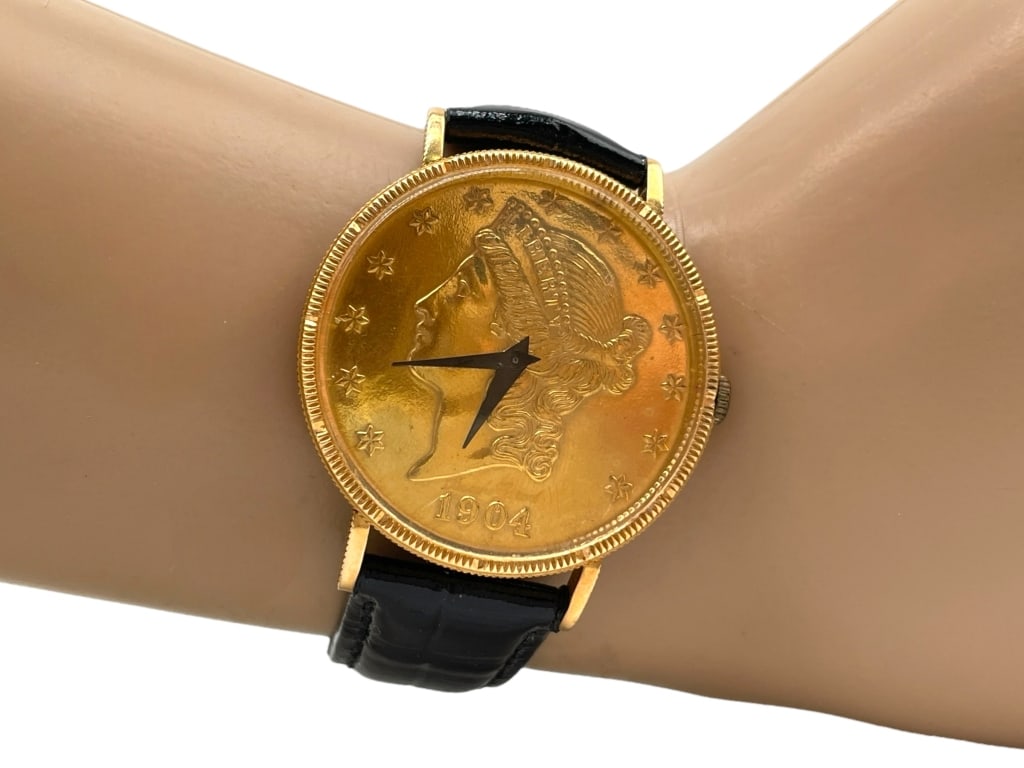 RARE VINTAGE GOLD COIN WATCH W/ BLACK LEATHER BAND (1 of 9)