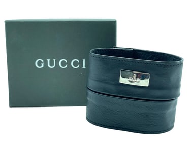 GUCCI BLACK LEATHER COIN BRACELET WITH BOX