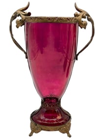 VINTAGE CRANBERRY GLASS PEDESTAL VASE 9.5"