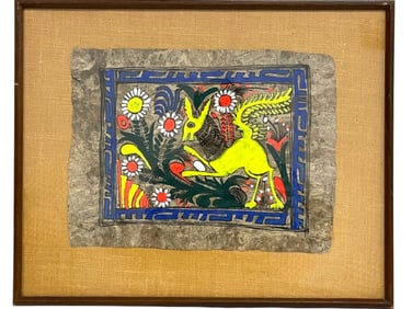 YELLOW PHOENIX AMATE BARK PAINTING