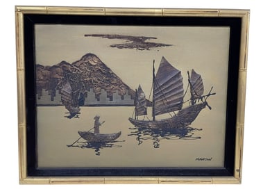 MID MOD ASIAN JUNK BOAT MIXED MEDIA ART