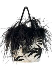 ERMO BEADED BLACK & WHITE PALM TREE FEATHER PURSE
