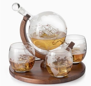 WORLD SHIP WHISKEY GLOBE DECANTER SET NIB