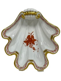 HEREND BOUQUET RUST SHELL SHAPED DISH 8.5"