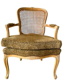 FRENCH CANE-BACK ARMCHAIR W LEOPARD UPHOLSTERY