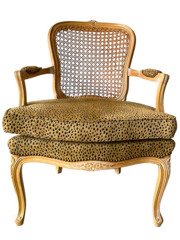 FRENCH CANE-BACK ARMCHAIR W LEOPARD UPHOLSTERY (1 of 2)