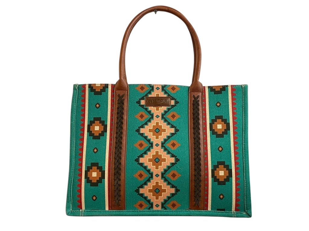 WRANGLER SOUTHWESTERN CANVAS TOTE BAG: WRANGLER SOUTHWESTERN CANVAS TOTE BAG -VERY GOOD PRE OWNED CONDITION -APPROX 16" X 12", STRAP 8" -JA 031125 ***Please note that due to limited storage space, all items must be picked up within 14 days