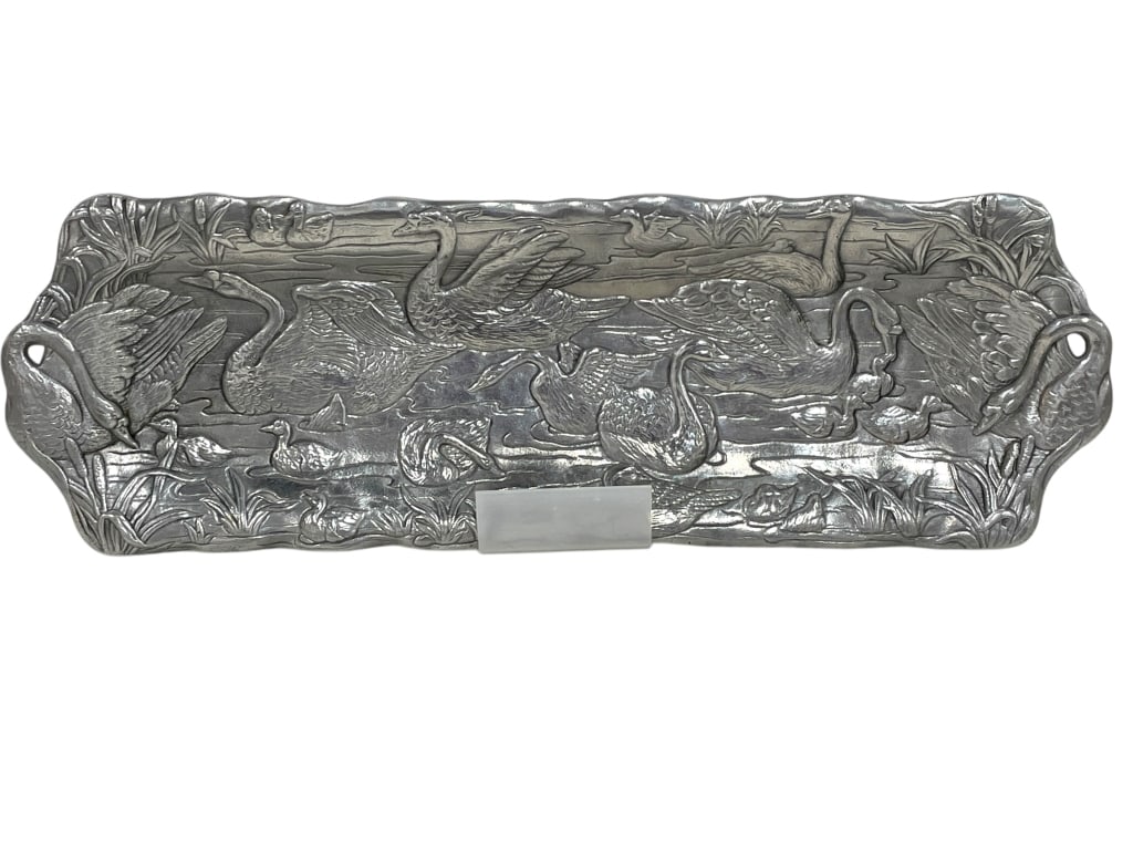 VINTAGE ARTHUR COURT PEWTER SWAN TRAY 18": VINTAGE ARTHUR COURT PEWTER SWAN TRAY -ORNATE AND INTRICATELY DESIGNED RECTANGULAR TRAY DEPICTING ELEGANT SWANS GLIDING ACROSS A PEACEFUL WATERSCAPE. THE FLOWING LINES AND TEXTURED DETAILS SHOWCASE AR
