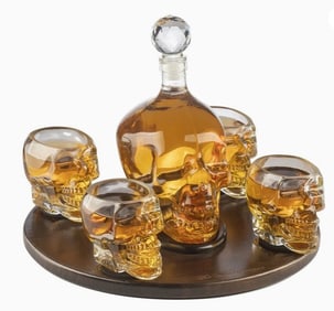 NIB SKULL DECANTER SET AND 4 SKELTON GLASSES