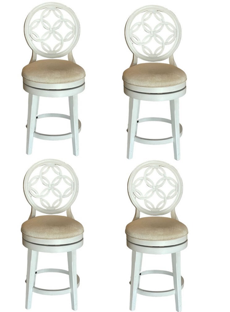 SET OF 4 LATTIMO SWIVEL COUNTER STOOLS 24": SET OF 4 LATTIMO SWIVEL COUNTER STOOLS | IVORY AND CREAM COLOR -44" X 18" X 18" APPROX -24" SEAT HEIGHT -GOOD PRE OWNED CONDITION, MINOR WEAR , MINOR LOOSENESS TO ONE -DP82224