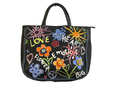 BRACCIALINI BLACK LEATHER BAG W/ COLORFUL DESIGN
