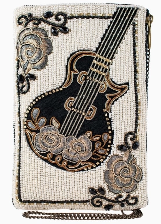 NEW! MARY FRANCES GUITAR PLAYER CROSSBODY: Guitar Player Crossbody -Mary Frances Crossbody Phone Bags are the perfect multi-functional fashion statement! Slide your phone in the top slip pocket and store other essentials in the side zip pocket