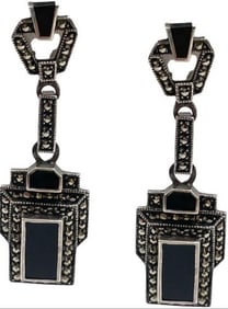 STERLING SILVER BLACK ONYX EARRINGS DANGLE VTG 2"
